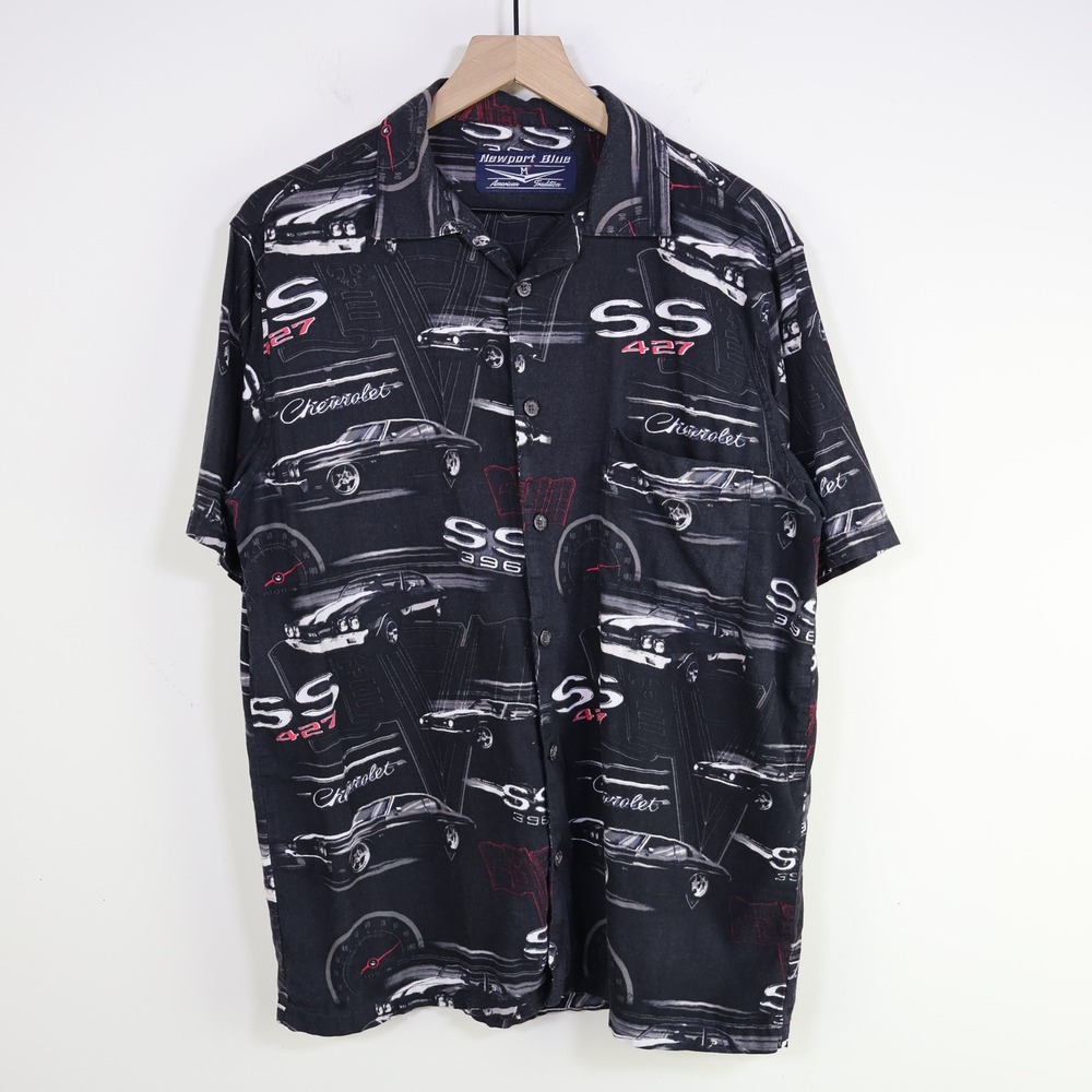 Newport Blue Chevrolet SS Muscle Car Hawaiian Shirt Size M Black Cotton Rayon